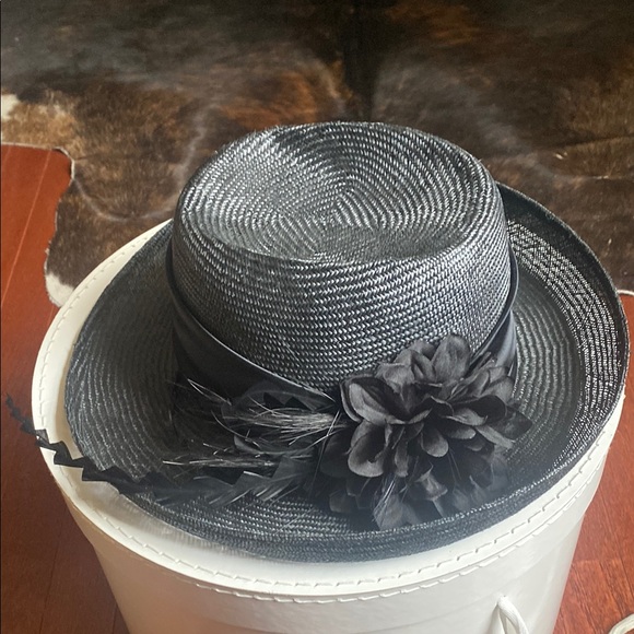 Plaza Suite Black Wide Brimmed Hat with Flower Feathers Black Satin Band